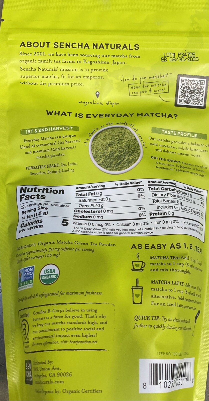 Sencha Naturals ORGANIC Everyday Matcha 100% Japanese Green Tea Powder 12 oz Bag