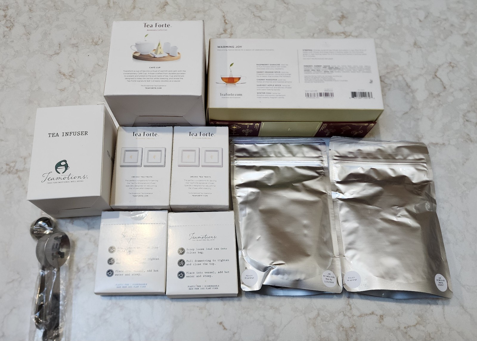 Tea Forte Gift Set 1 Cafe Cup 2 Tea Trays , Infuser, 60 Filter Bags, Warming Joy