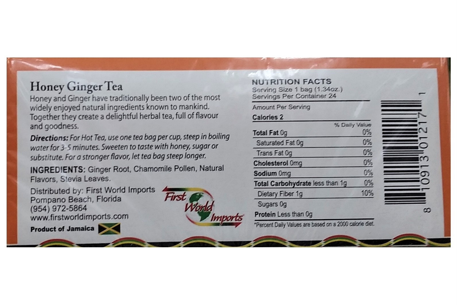 Caribbean Sunshine Jamaican Honey Ginger Tea Caffeine Free 48 Sachets