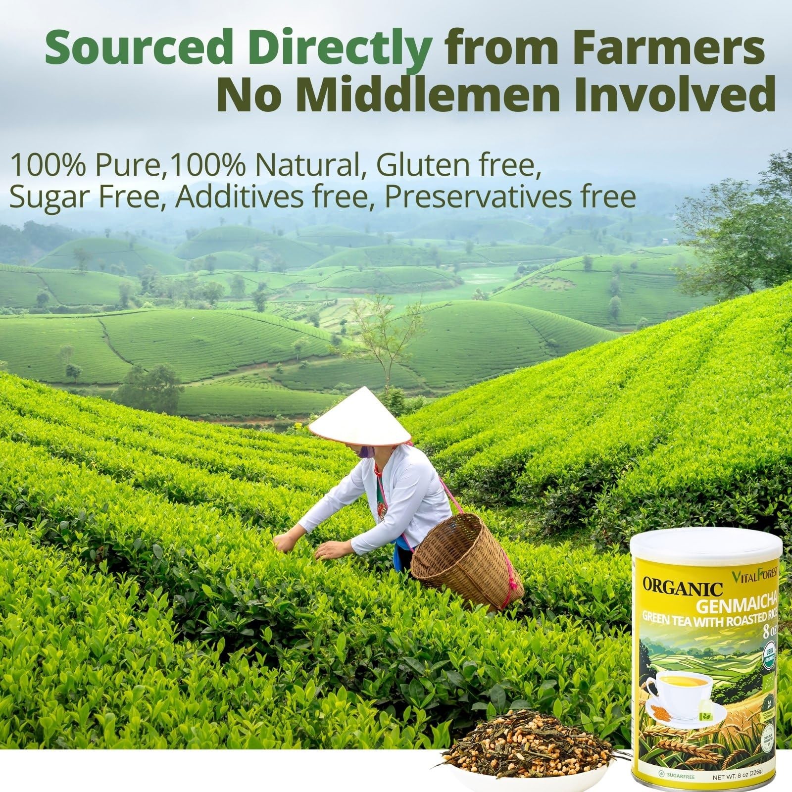 Organic Genmaicha Green Tea Loose Leaf – Roasted Rice, Smooth Flavor 8oz
