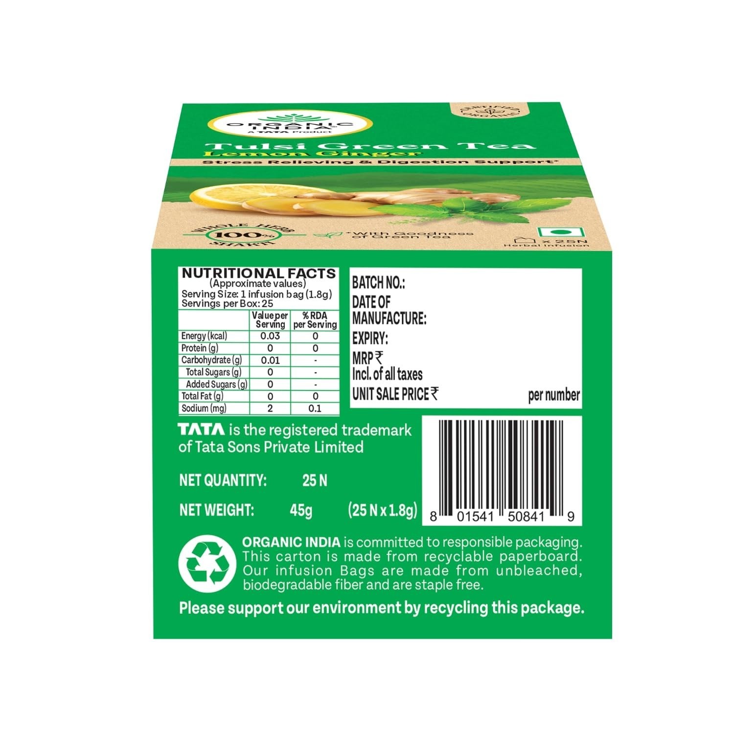 Organic India Tulsi Green Tea Lemon Ginger 25 Bags Herbal Blend