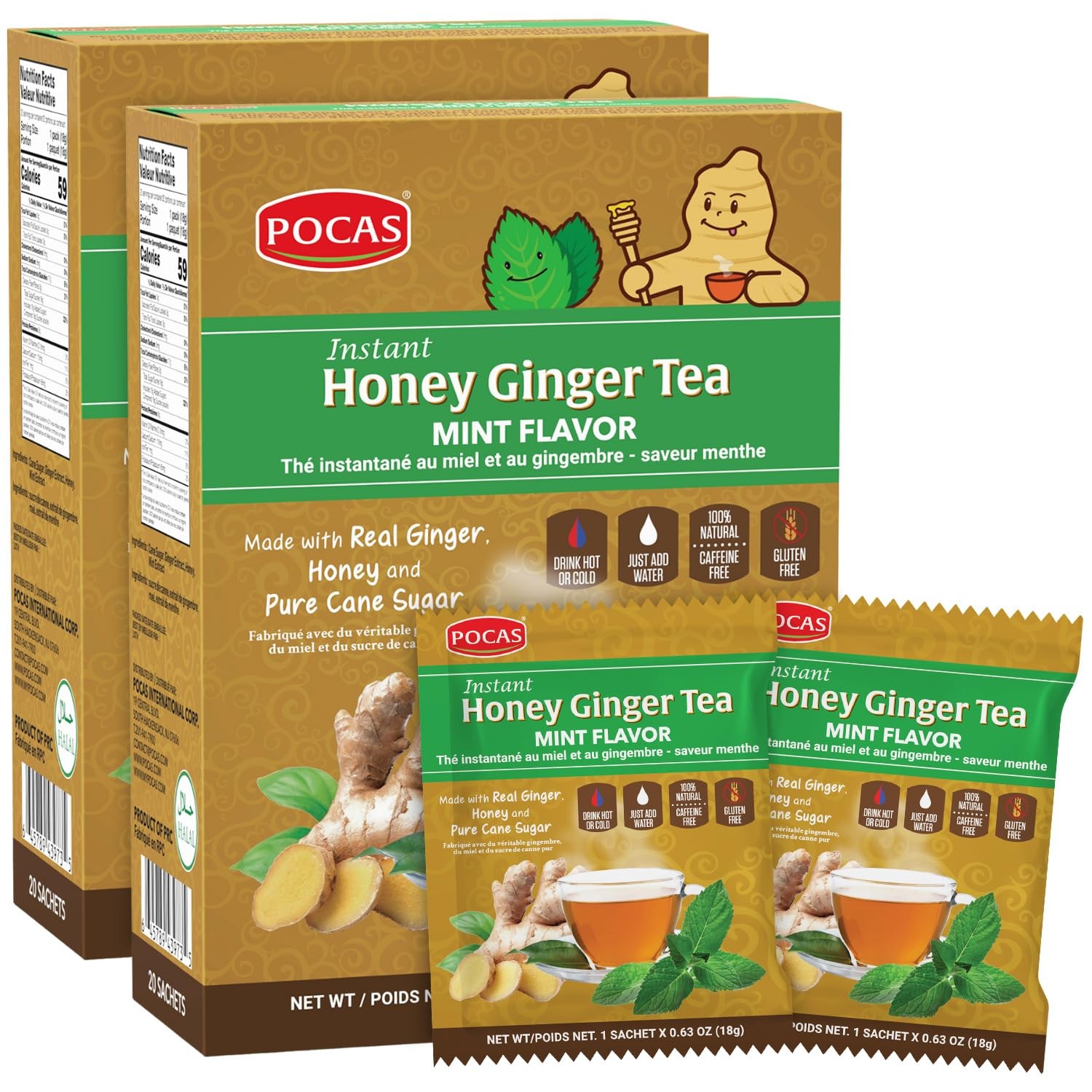 Pocas Honey Ginger Instant Tea Powder, Mint Flavor 2Pack, Ginger Extract & Re…