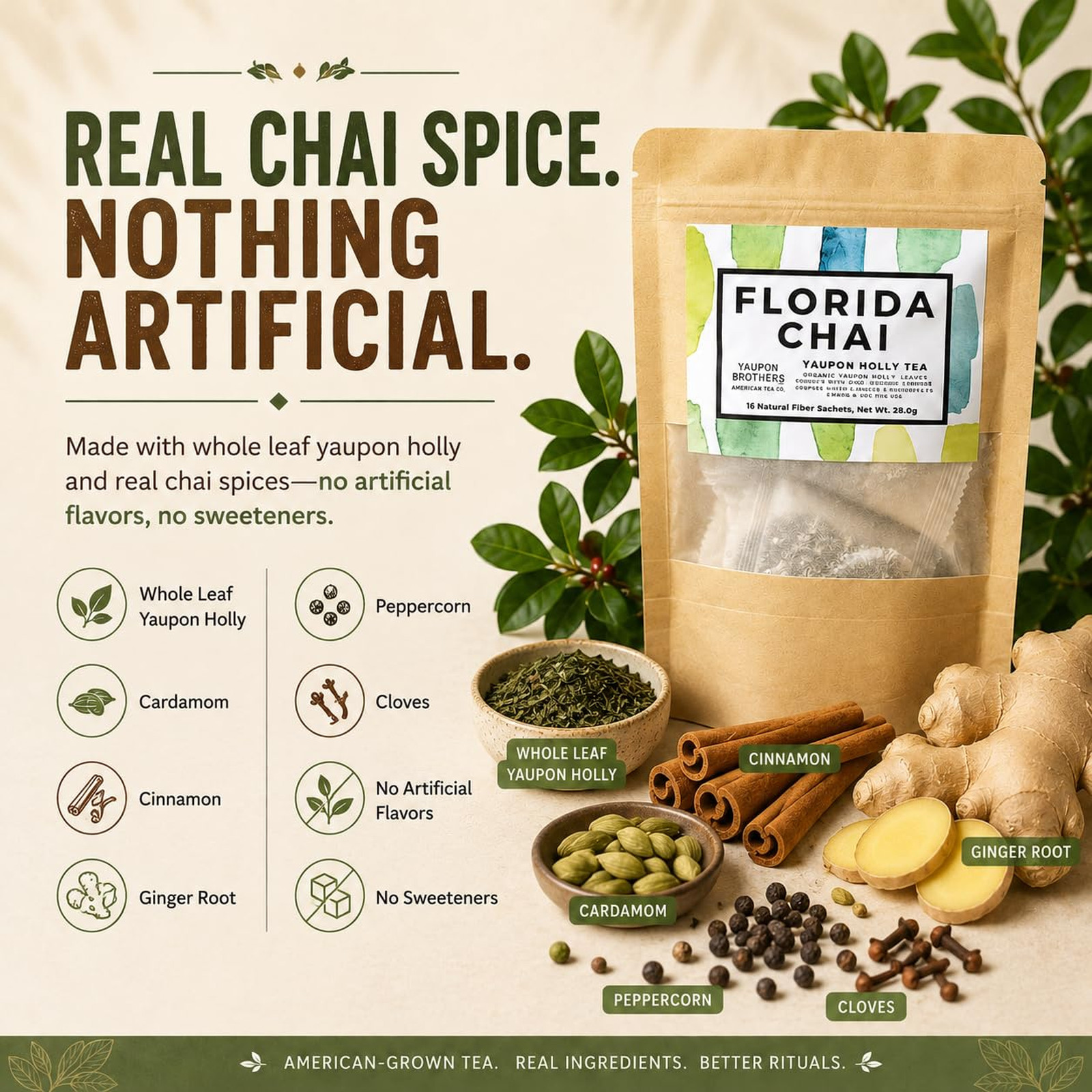 Yaupon Tea Bags, Organic Chai Tea, Eco-Friendly 16 Pack, Antioxidant Rich
