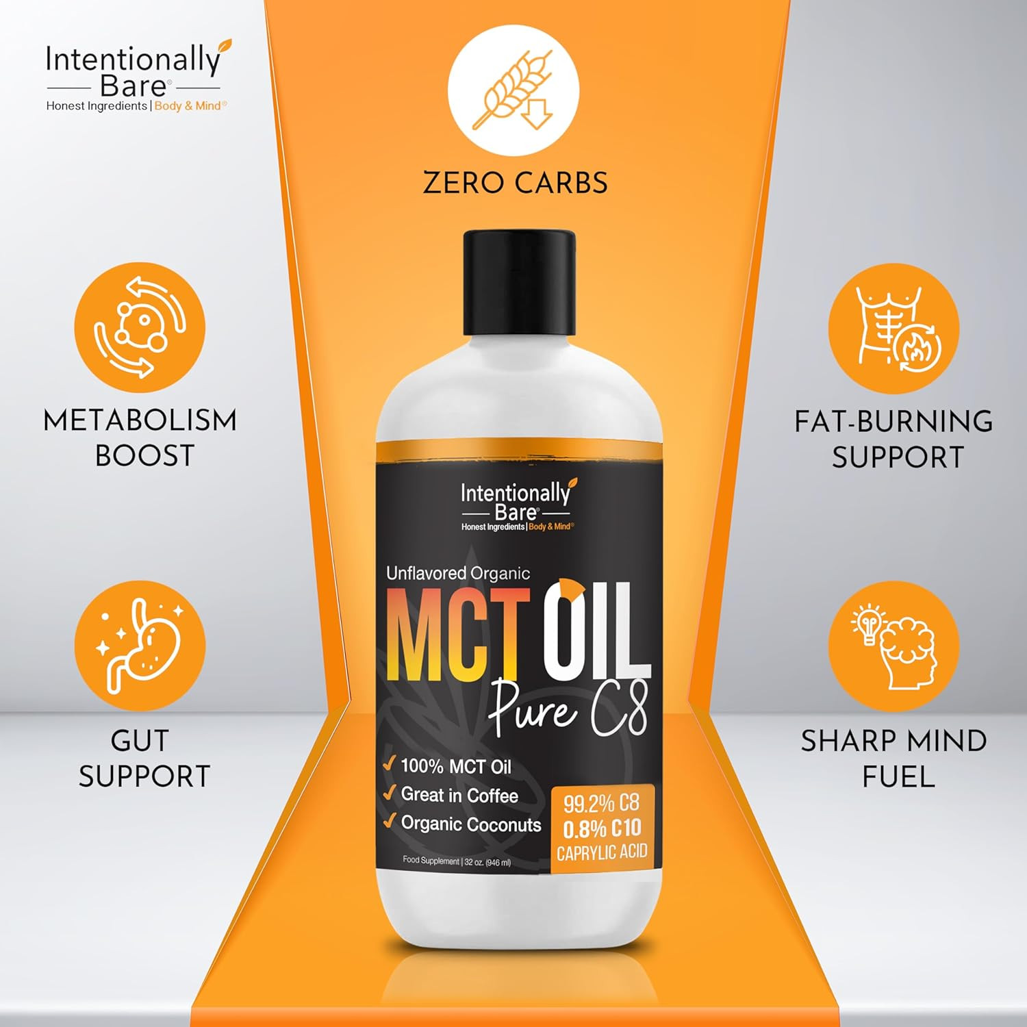 Intentionally Bare Pure C8 MCT Oil Organic – Brain 32 Fl Oz (Pack of 1)