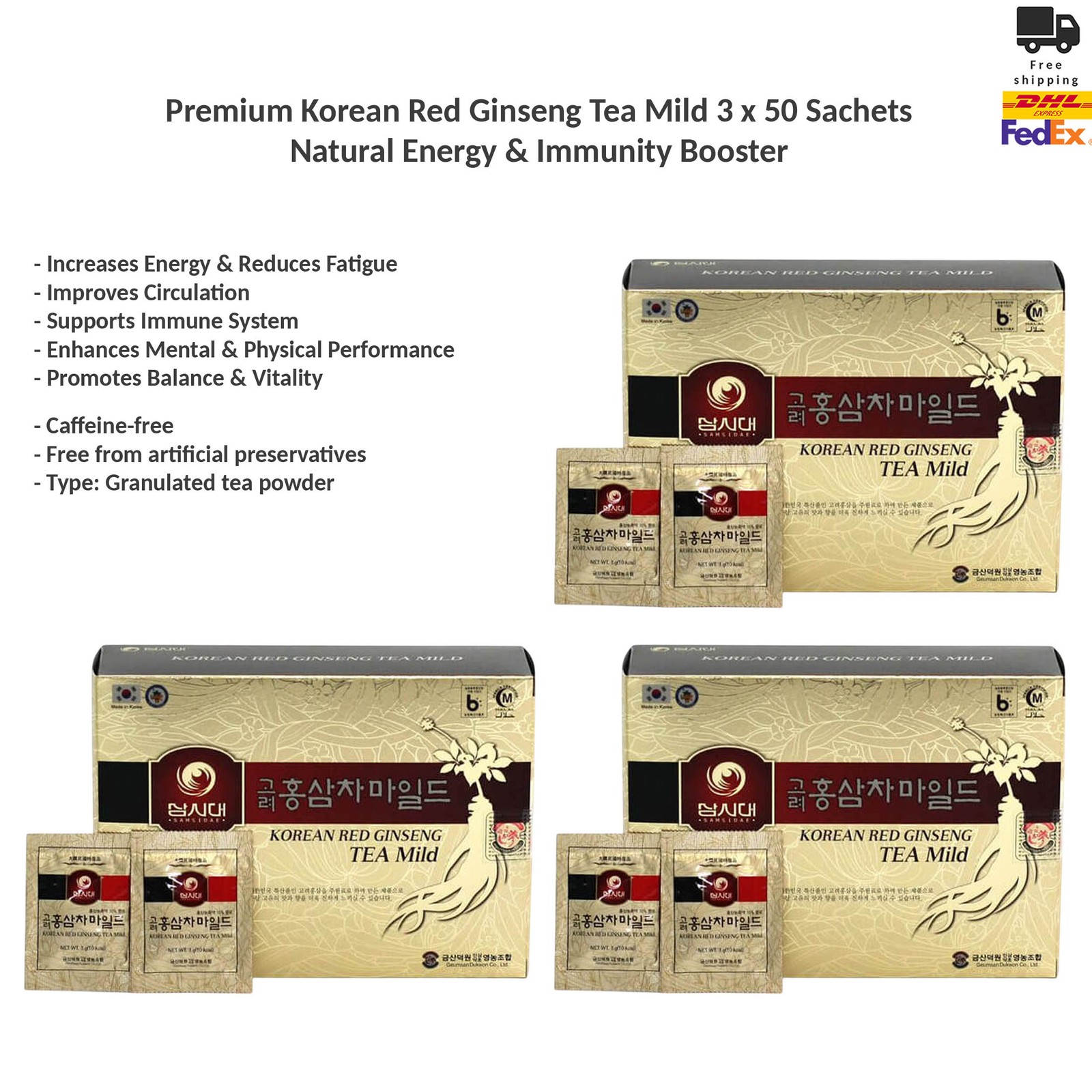 Korean Red Ginseng Tea Mild Natural Energy & Immunity Booster 3×50 Sachets