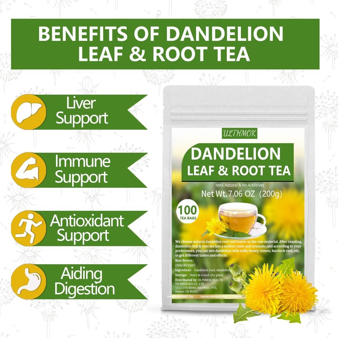 Dandelion Tea 100-Leaf & Root Herbal Tea Bags for Liver & Kidney Health Detox