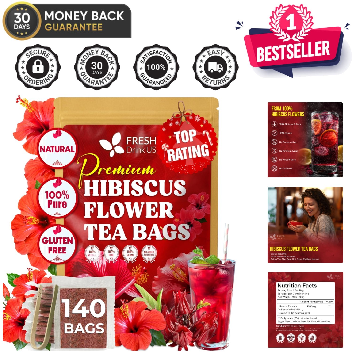 Pure Hibiscus Flower Tea Bags – 140 Count, Sugar-Free & Gluten-Free Herbal Bliss