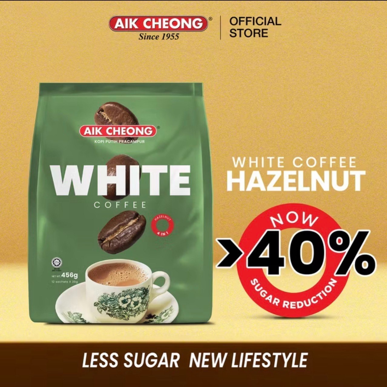 AIK CHEONG White Coffee 4in1 456g (38g x 12 sticks) – Hazelnut