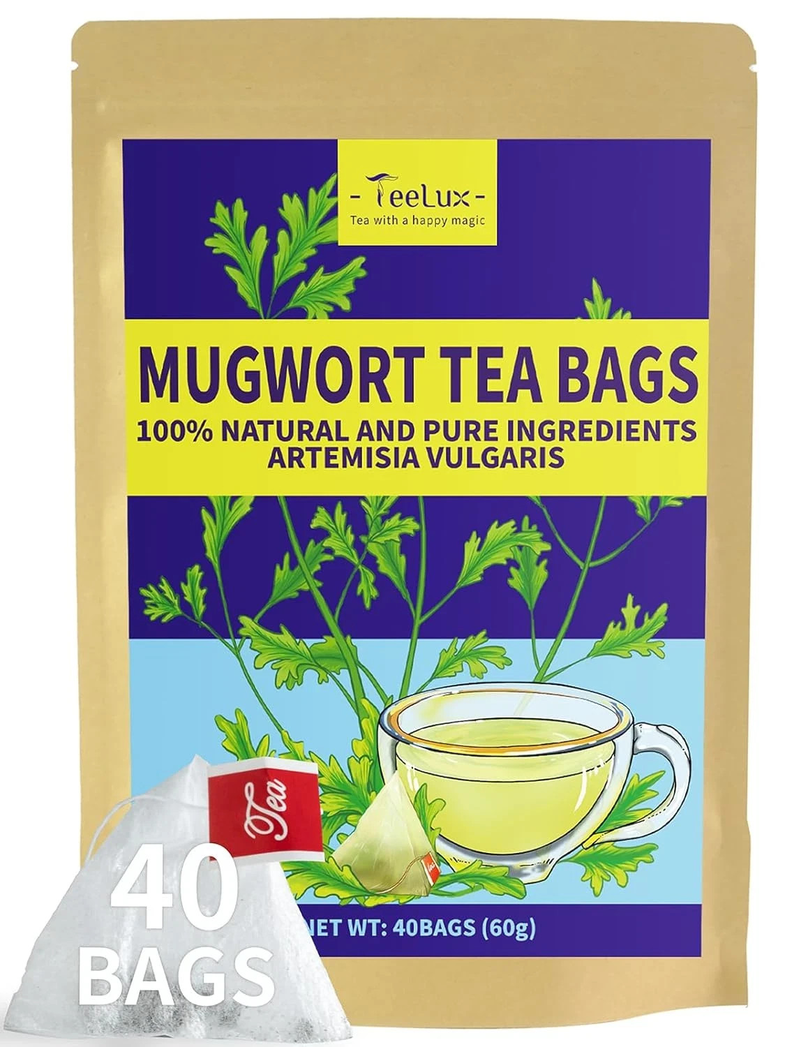 Mugwort Tea Bags – Natural Dried Mugwort Herb Tea, Caffeine Free, 40 Tea Bags