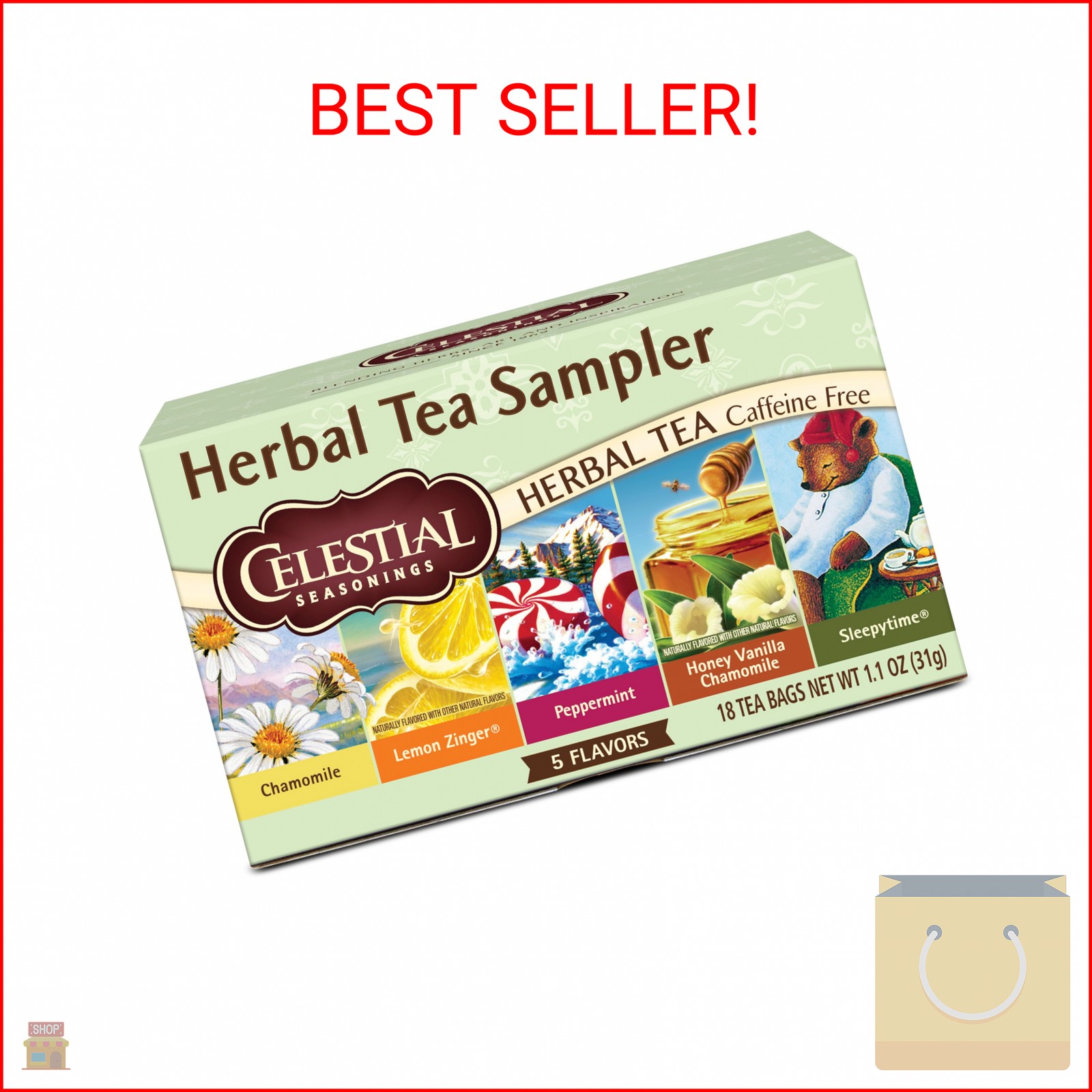 Celestial Seasonings Herbal Tea Sampler Variety Pack, Caffeine Free, 18 Tea Bags