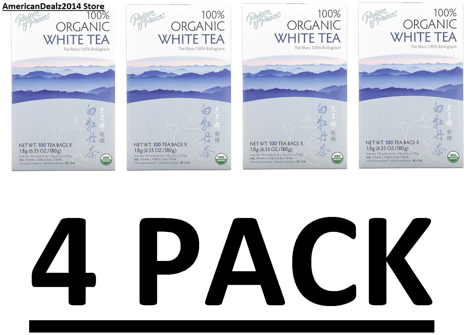 4 PACK – Prince of Peace, 100% Organic White Tea, 100 Tea Bags EXP: 08/2026