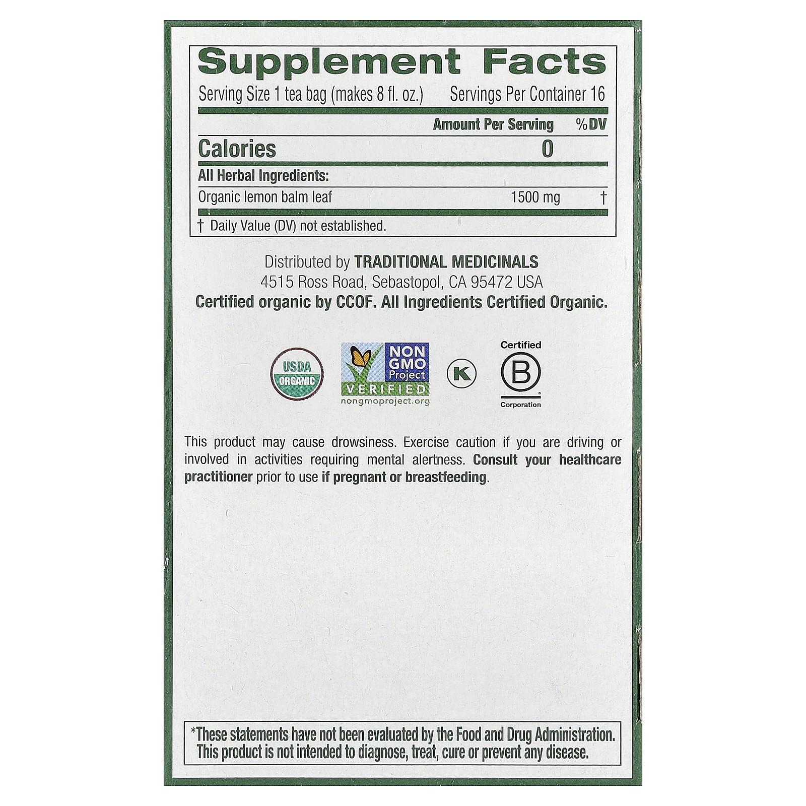 Organic Lemon Balm, Caffeine Free, 16 Wrapped Tea Bags, 0.85 oz (24 g)