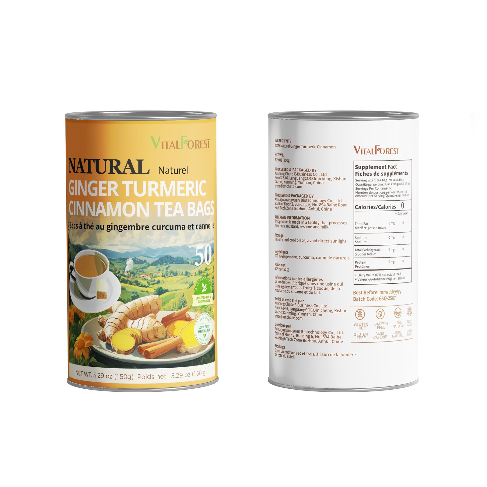 50 Premium Turmeric Ginger Cinnamon Tea Bags| Vitalforest Natural