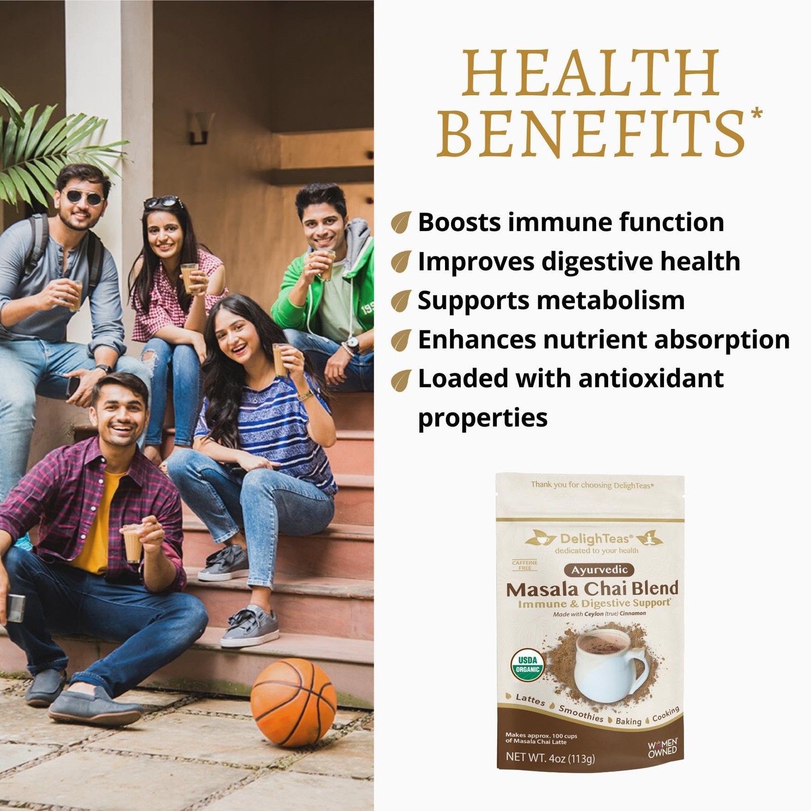 DelighTeas Organic Masala Chai Powder, Caffeine-Free, 100 Servings, 4oz