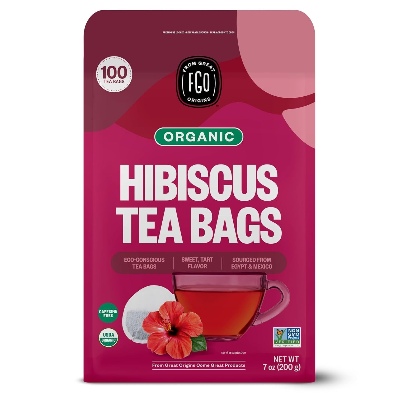 Organic Hibiscus Tea, 100 Count, Eco-Conscious Tea Bags, Caffeine Free, Packa…