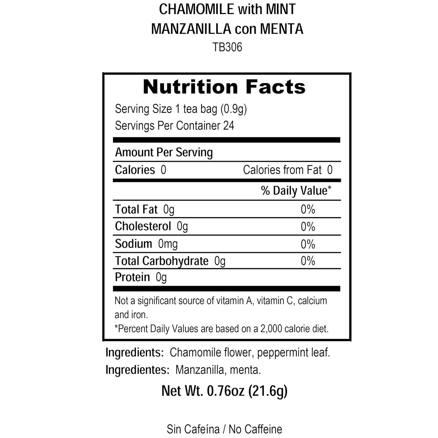 Tadin Chamomile Mint Herbal Tea – No Caffeine, 24 Tea Bags (Manzanilla)
