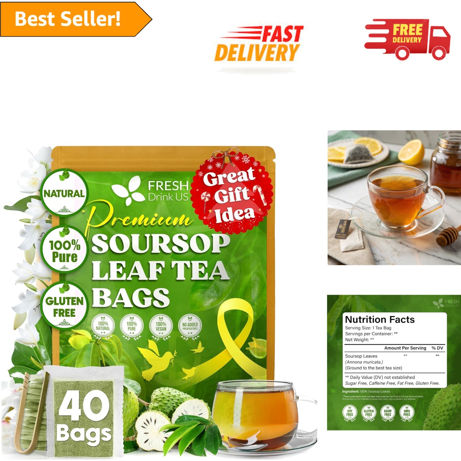 Handmade Caffeine-Free Soursop Tea Bags – 40 Count, for Stress Relief & Wellness