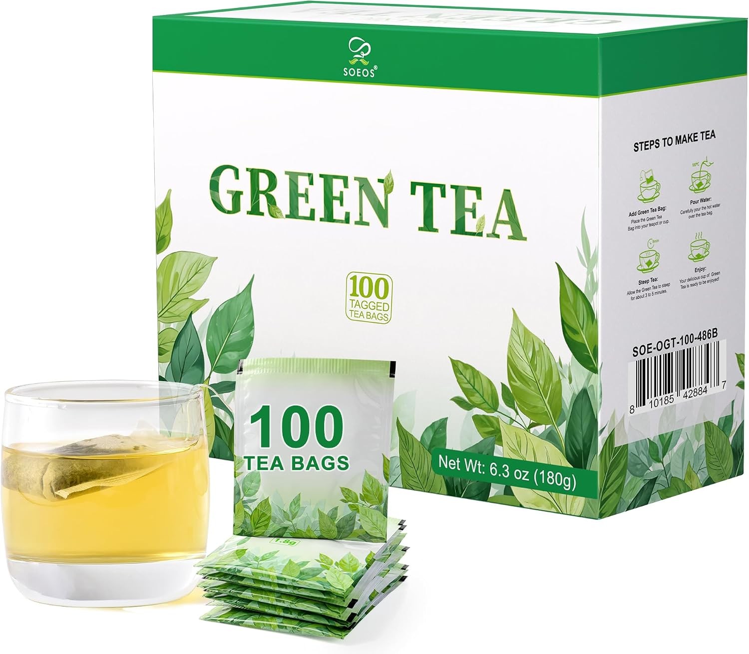 Green Tea, 6.3 oz (180g), 100 Tea Bags, Refreshing and Fragrant, Sustainably