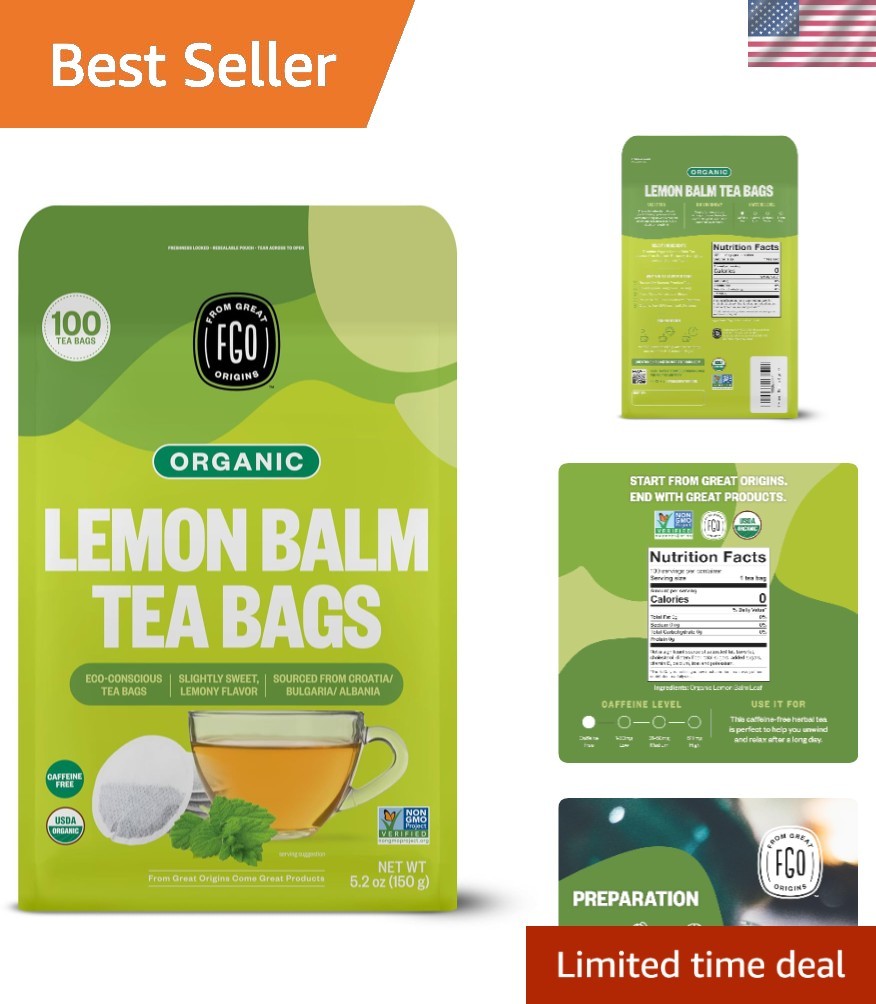 100 Count Caffeine-Free Organic Lemon Balm Tea for Mood Enhancement & Relaxation