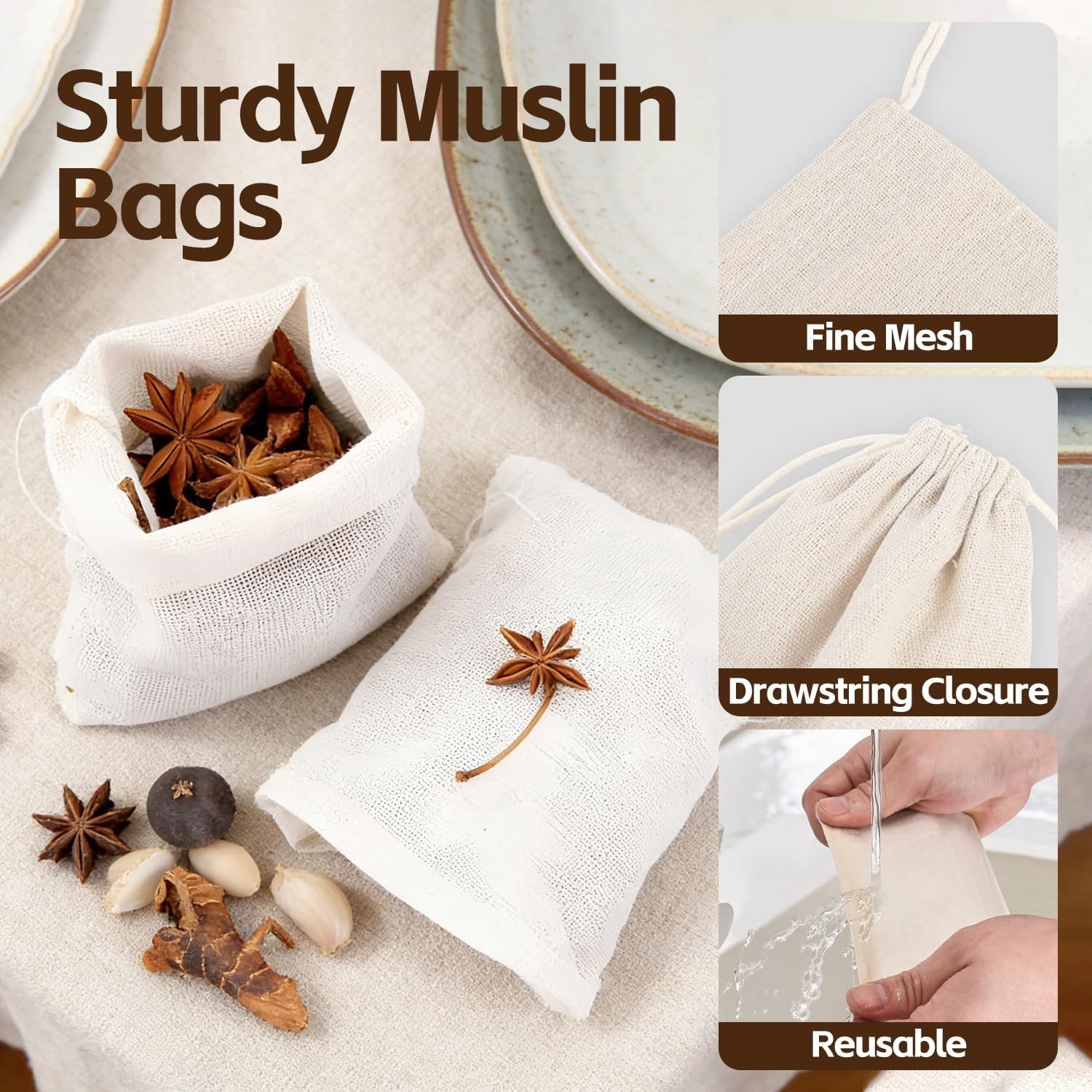 50 Pcs Tea Bags for Loose Leaf Tea, Reusable Tea Bags, Natural Unbleached Cot…