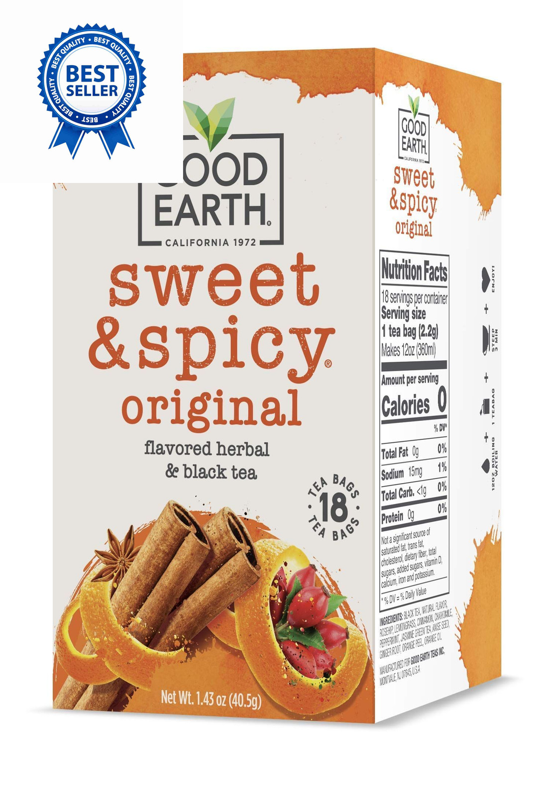 Good Earth Herbal & Black Tea, Sweet & Spicy, 18 Tea 18 Count (Pack of 1)