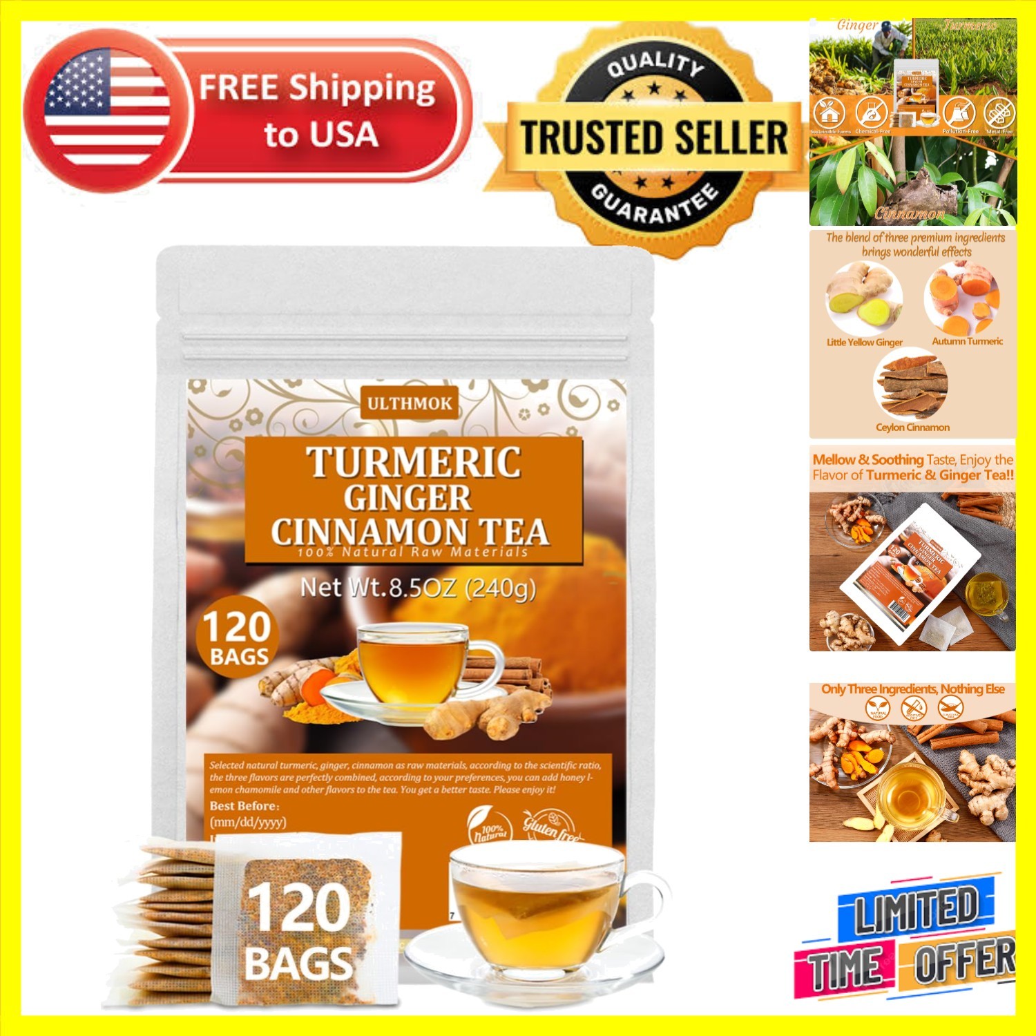120 Natural Turmeric Ginger Tea Bags – Caffeine Free & No Additives – 100% Pure