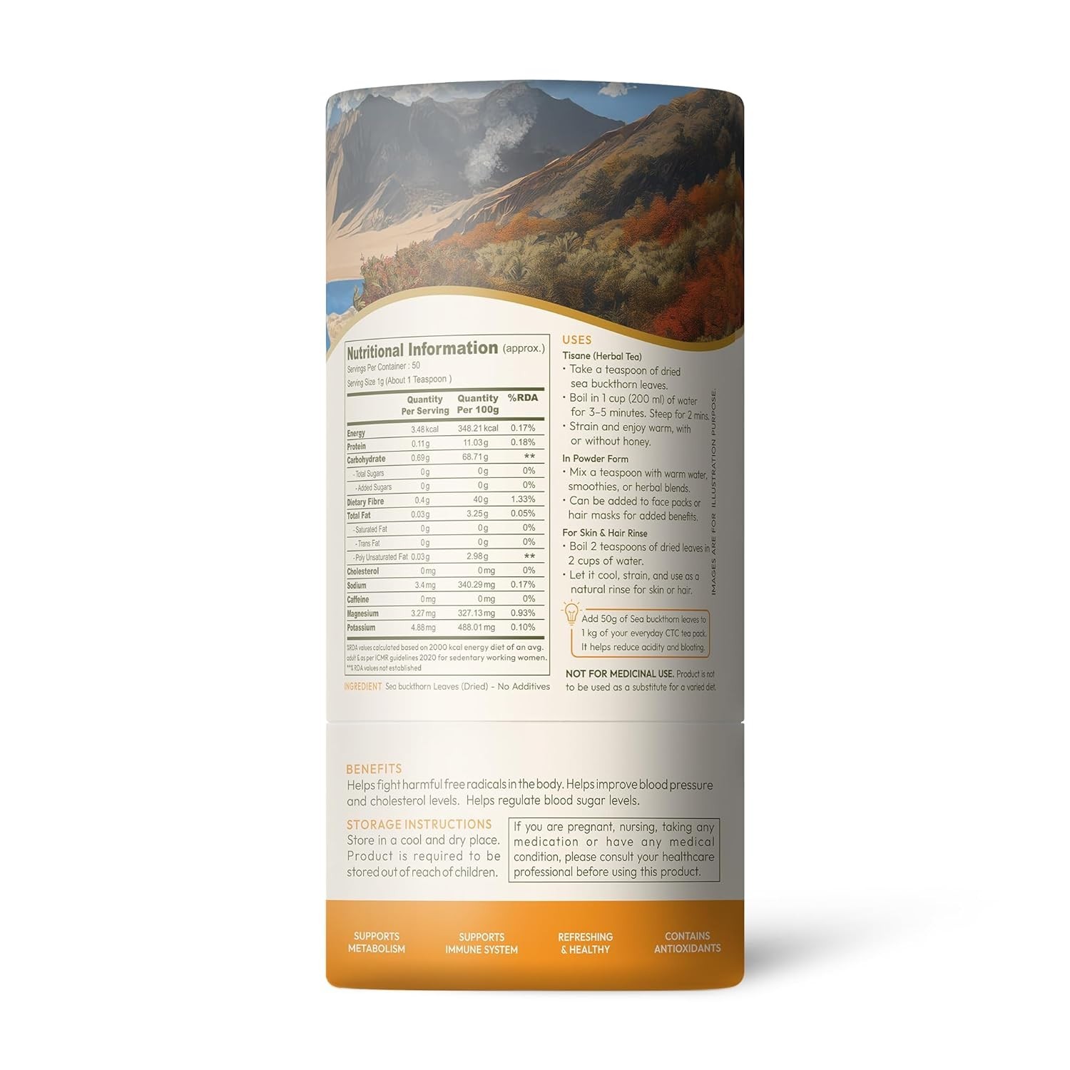 Wellwith (Ayuzera) Sea Buckthorn Raw Leaves Tea Himalayan Herbal Leaf Tea 50g