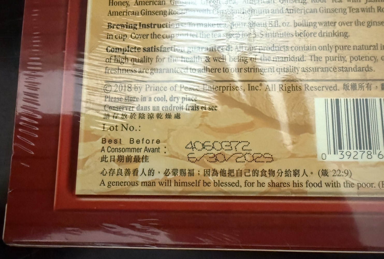 Prince Of Peace American Wisconsin Ginseng Root Tea 20 Bags Sealed 6/30/2029
