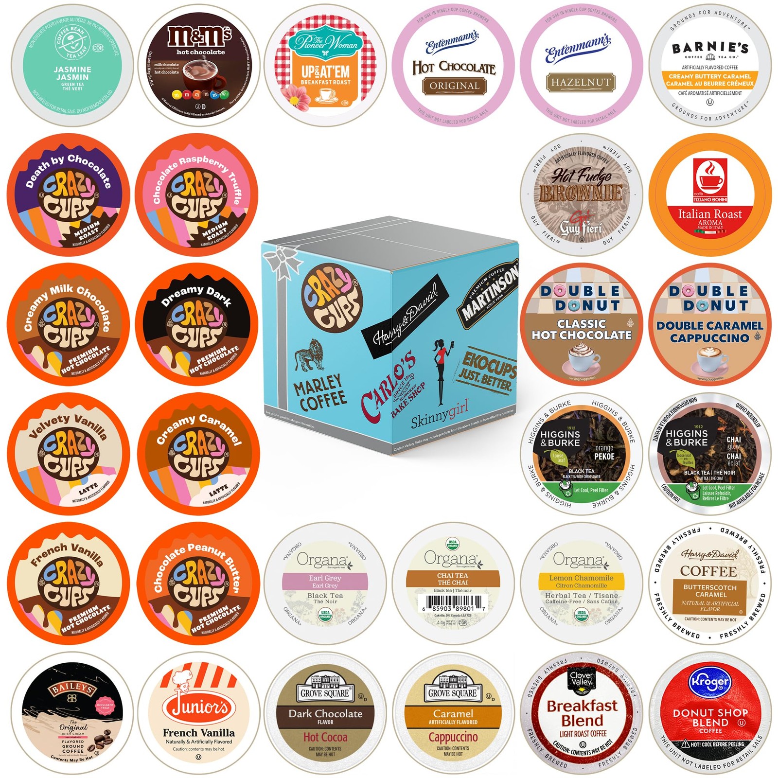 Variety Pack of Coffee, Tea, Hot Chocolate and Cappuccino, Sampler of Single Ser