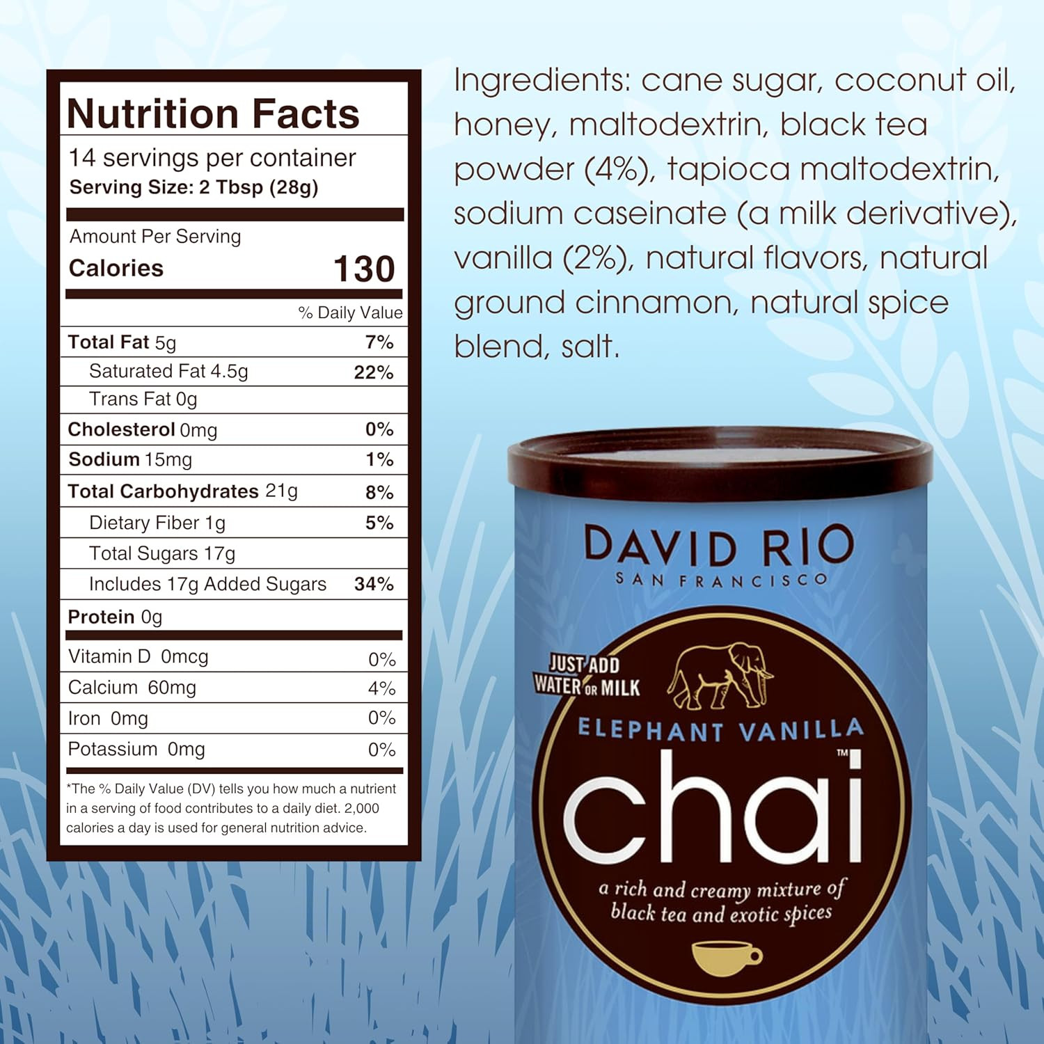 Elephant Vanilla Chai Tea Latte Mix, 14 Oz, Black Tea, Organic Spices, Dairy Fre