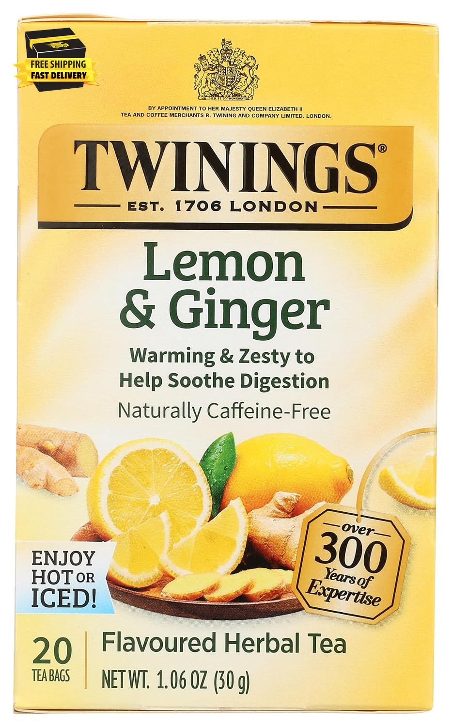 Lemon & Ginger Herbal Tea Individually Wrapped Bags, 20 Count (Pack of 1), Tangy