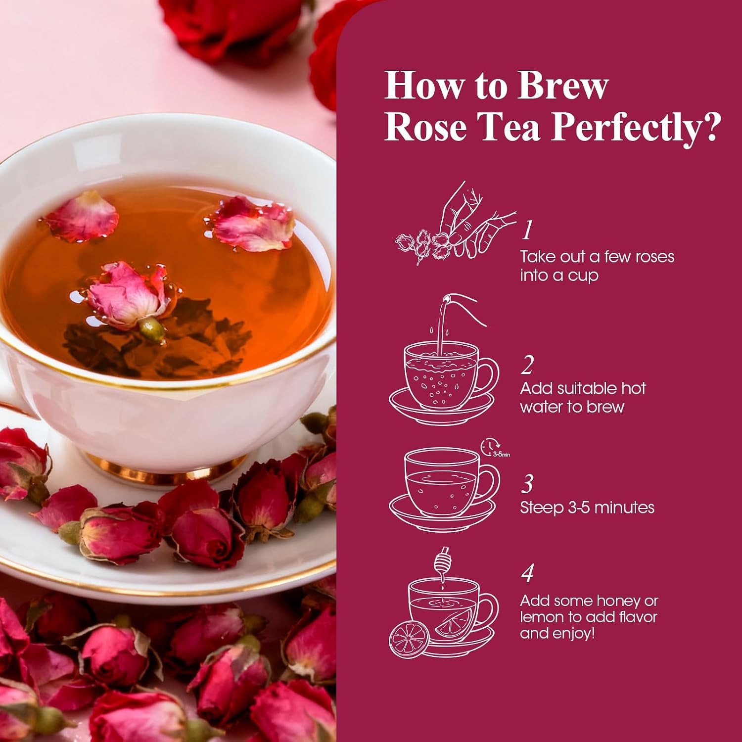 Rose Bud Tea – Dried Red Rose (100% Natural, Pure Flower, Edible Buds, Culina…
