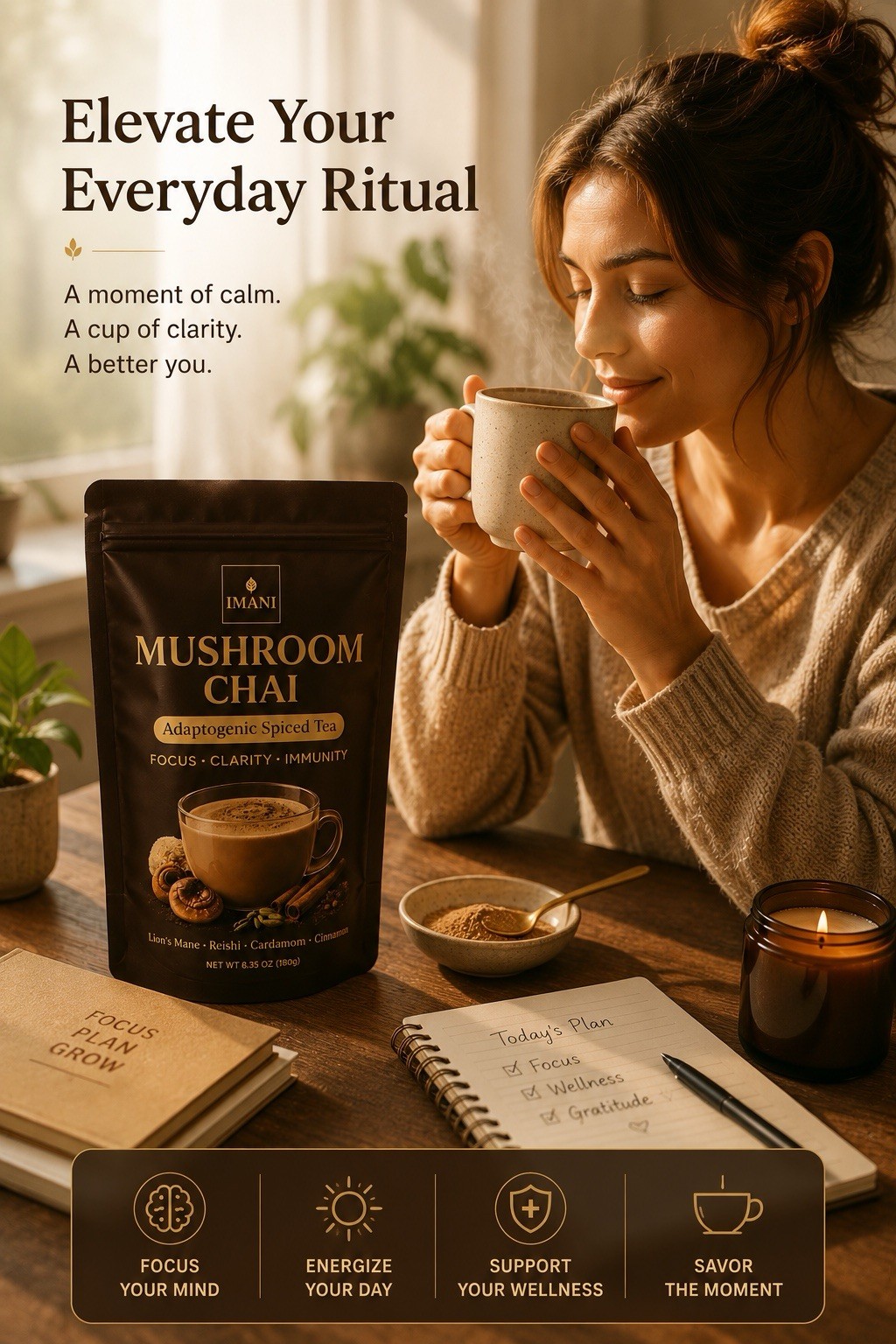 4 PACK IMANI ORGANICS Adaptogenic Mushroom Chai – Focus & Energy Blend 180g DEAL