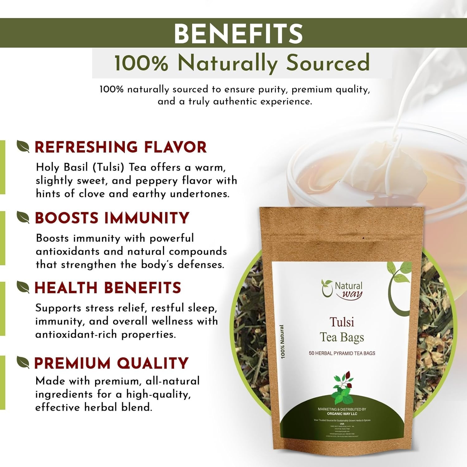 Tulsi Tea Bags | Pyramid Holy Basil Tea Bags 5 OZ (Pack of 50)