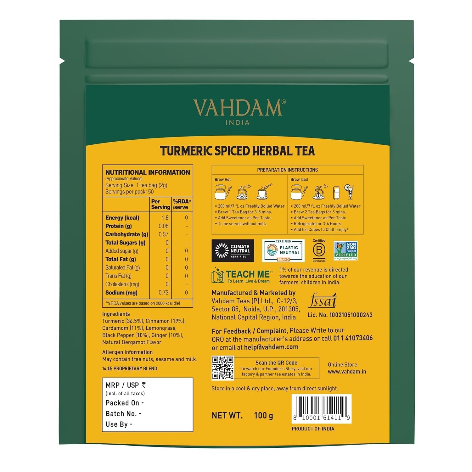 VAHDAM Turmeric Spice Herbal Tea Bags (50 Counts) 100% Pure Herbal Blend