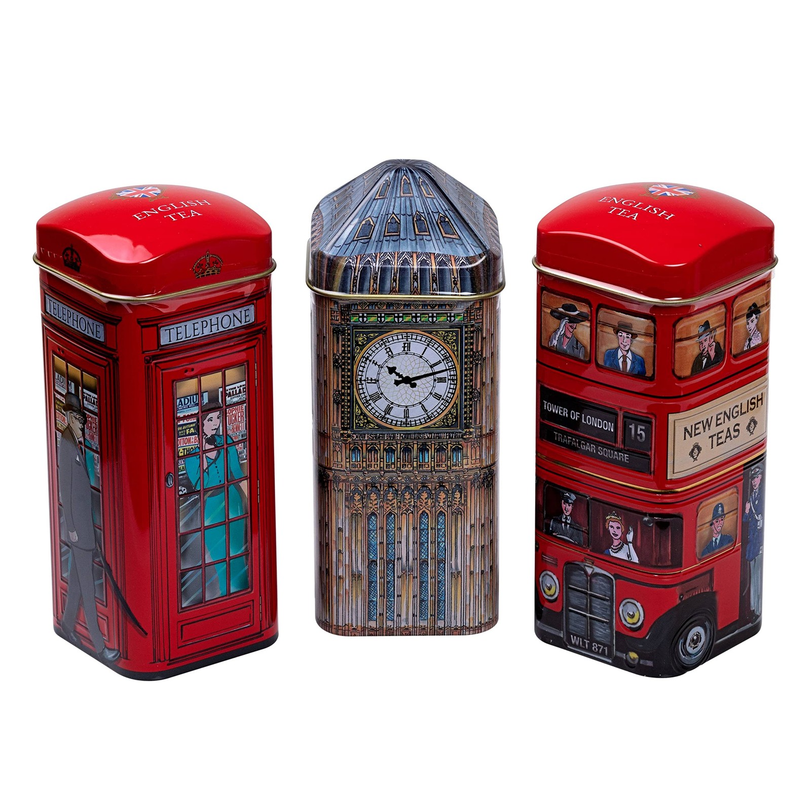 British Heritage 3x Tea Tins with 42 English Teabags (Big Ben, Red Multi