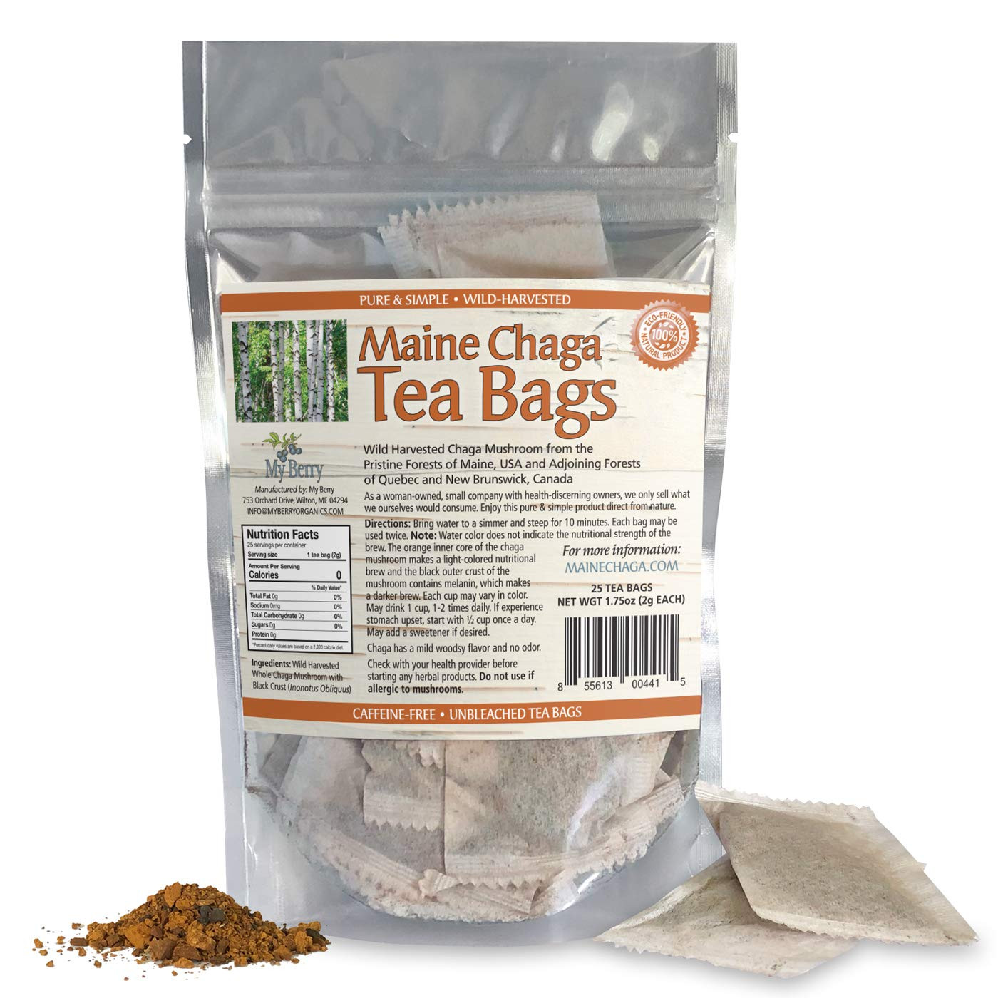 Maine Chaga Tea Bags | 100% Wild-Harvested, USA & Canadian Grown | 100% Additive