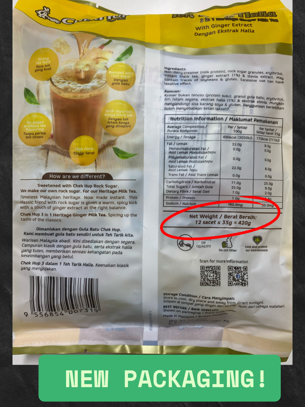 12 Pack Chek Hup 3in1 Teh Tarik Halia Ginger Milk Tea 12 Sachets