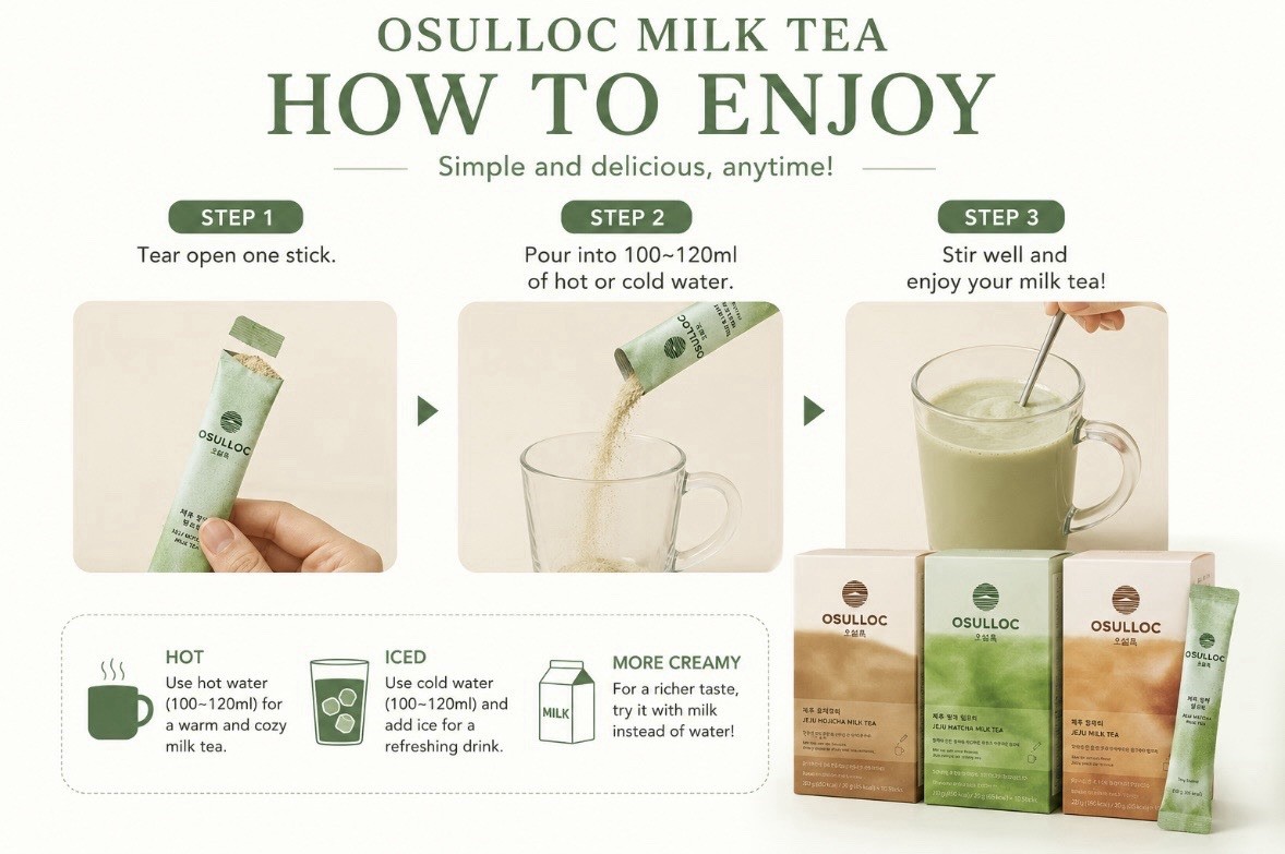 OSULLOC Korean Milk Tea Stick Set 3 Flavors Matcha Hojicha Milk Tea 30 Sticks