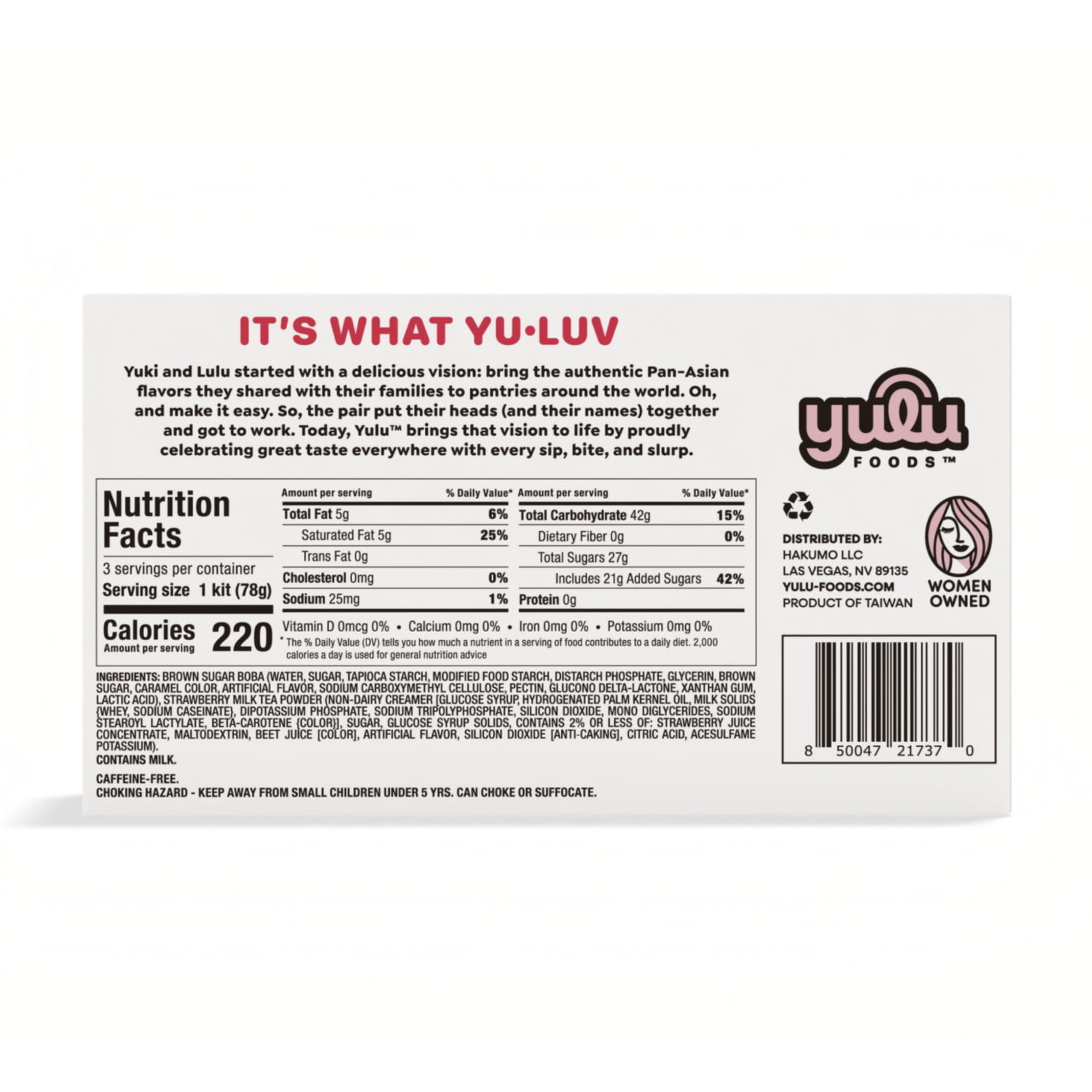 Yulu Instant Boba Strawberry Milk Tea, Bubble Tea Kit, 3 Drinks