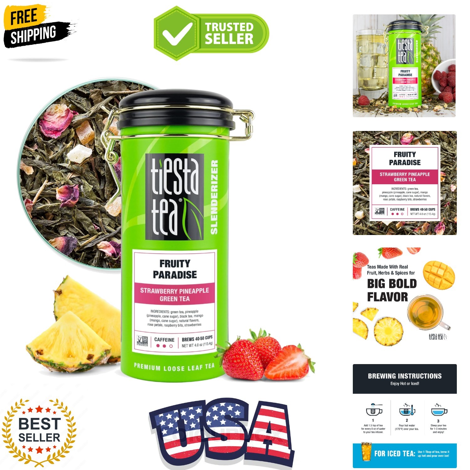 Fruity Paradise, Loose Leaf, Strawberry Pineapple Green Tea, Blend, Medium C…