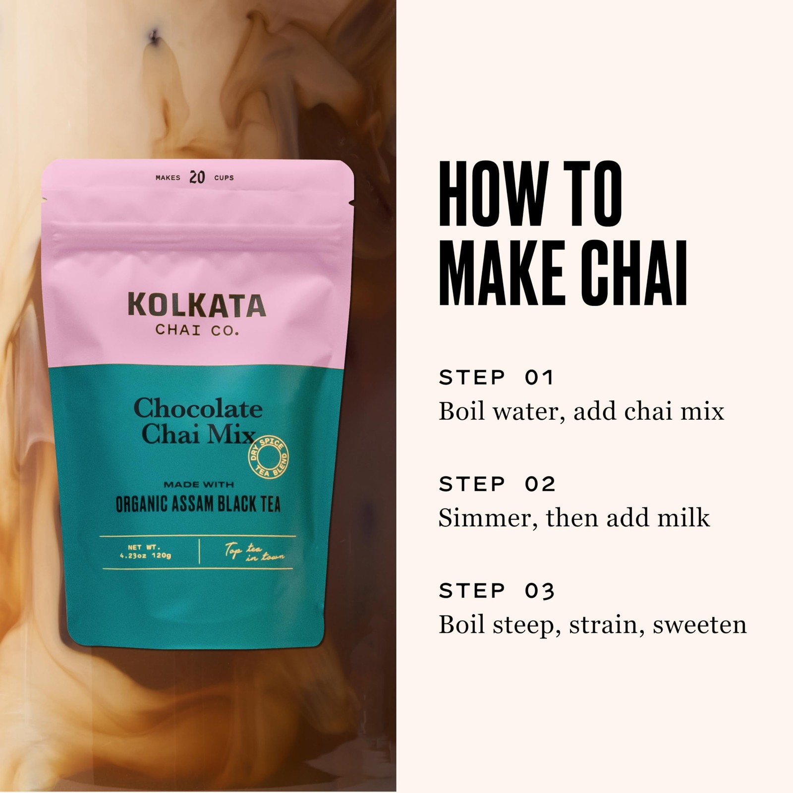 Kolkata Chai Chocolate Chai mix, 100% Organic Black Tea, Makes 20 cups, Premi…