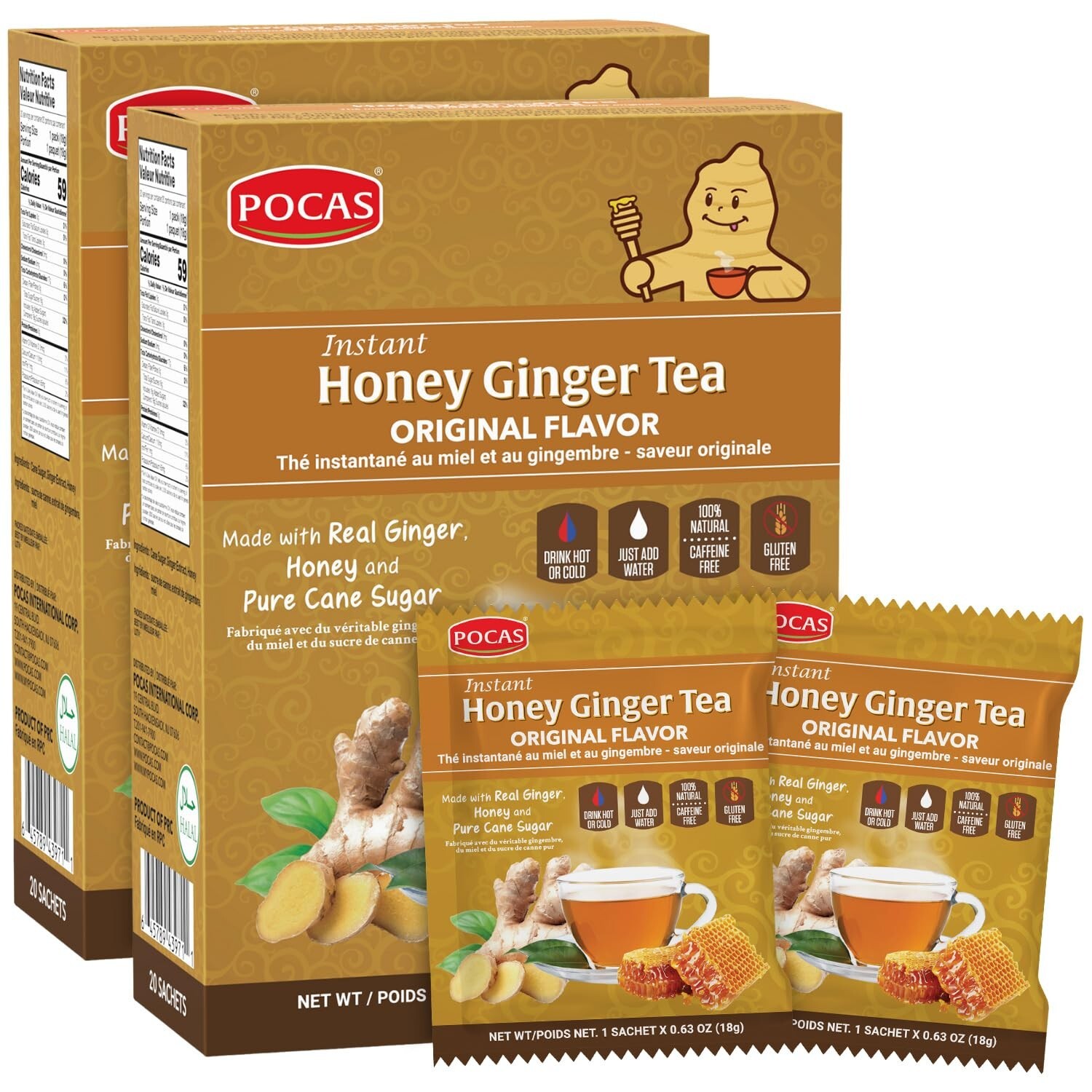 Honey Ginger Tea–Instant Powder Packets-Non-GMO, Gluten & Caffeine Free -2 packs