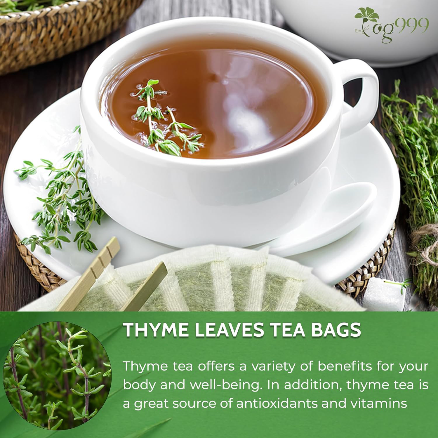 TOG999, 40 Thyme Leaf Tea Bags, 100% Natural & Pure Thyme Leaves. Loose Leaf No