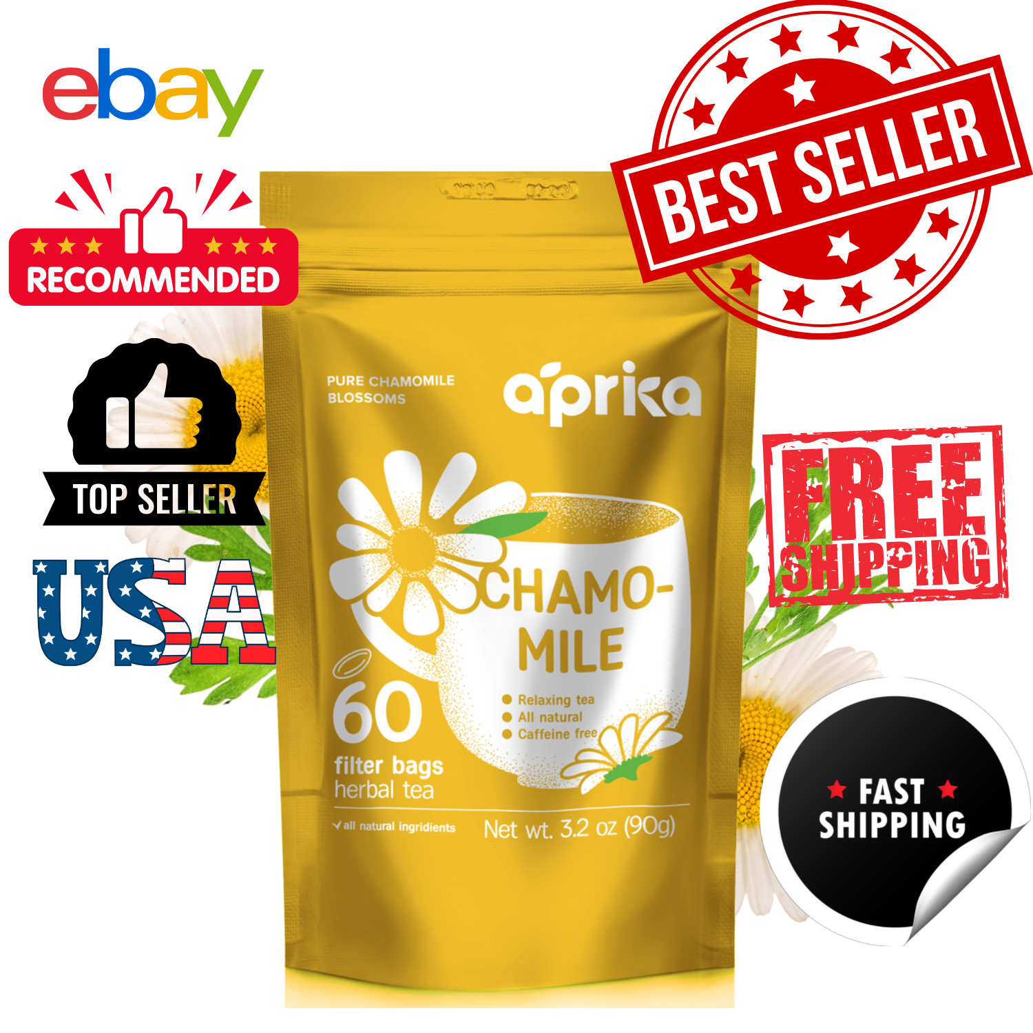 Pure Chamomile Tea – no stems, 100% Natural Herbal Tea, 60 bags, USA seller