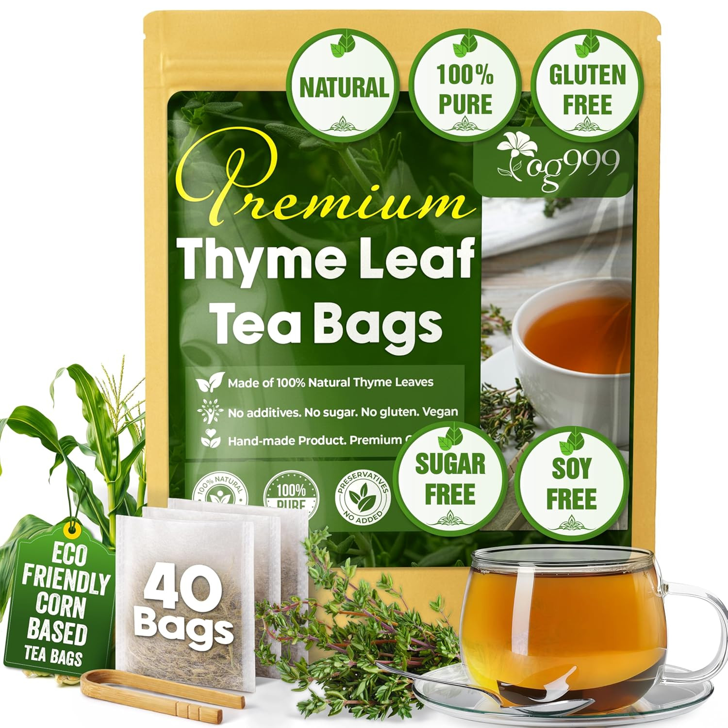 , Premium 40 Thyme Leaf Tea Bags, 100% Natural & Pure Thyme Leaves. Loose Leaf T