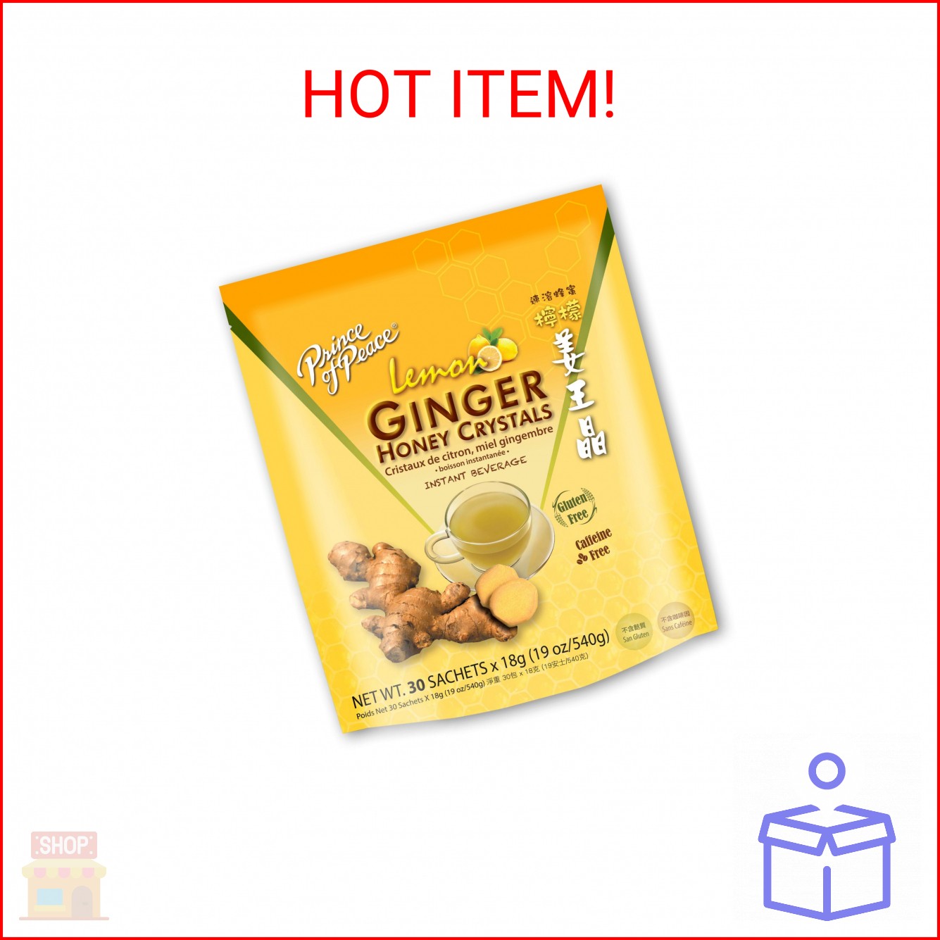 Prince of Peace Instant Lemon Ginger Honey Crystals, 30 Sachets – Instant Hot or