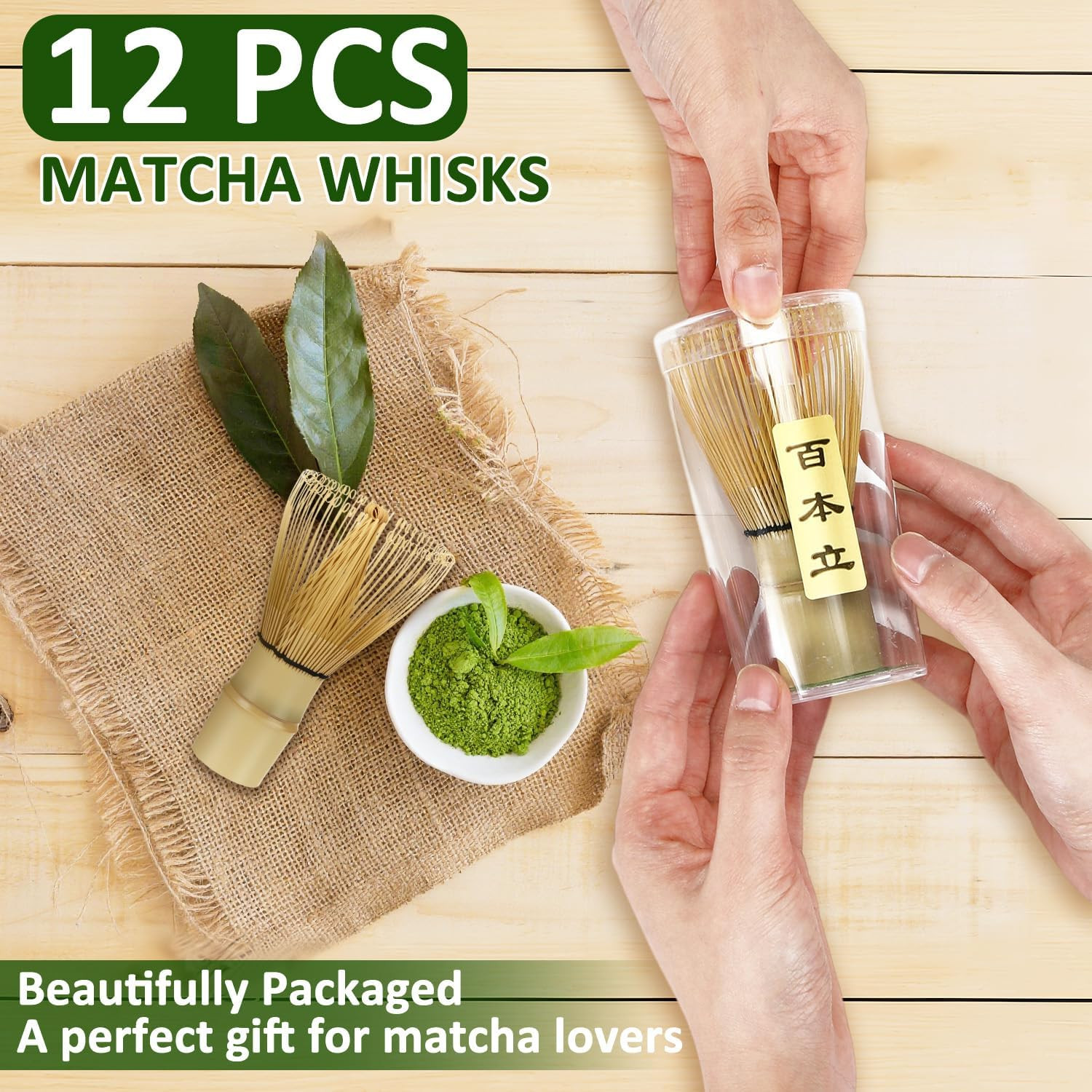 12 Pcs Bamboo Matcha Whisk Set – 100 Prong Traditional Chasen for Ceremonial Tea