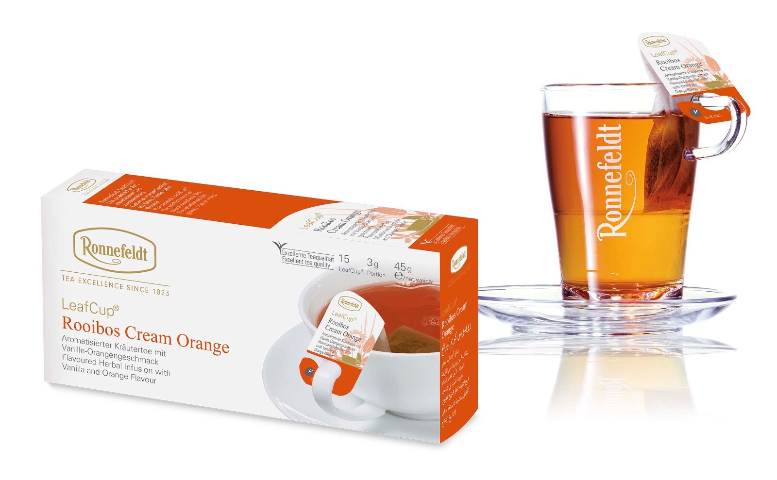Ronnefeldt Leafcup® Rooibos Cream Orange. 15 tea bags. Caff free.Made in Germany