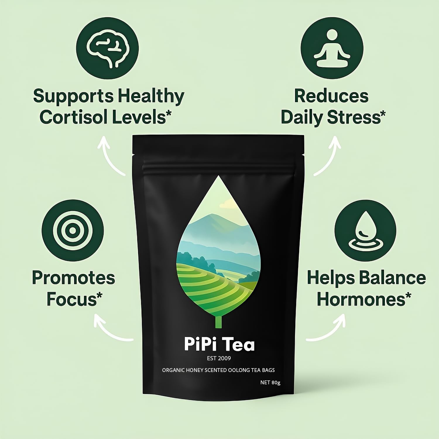 PiPi Tea Organic Oolong Tea Bags – Whole Leaf, 20 Bags (4g Each) – Cortisol & Ca